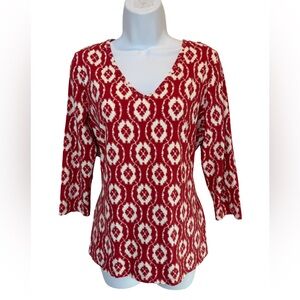 J. McLaughlin Red and Cream Ikat 3/4 Sleeve Top Size L
